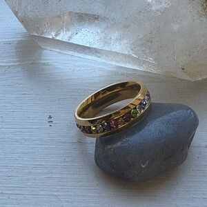 Gold Tone 🌈 Rainbow Rhinestone Band Ring. Sizes 5 & 6 available.